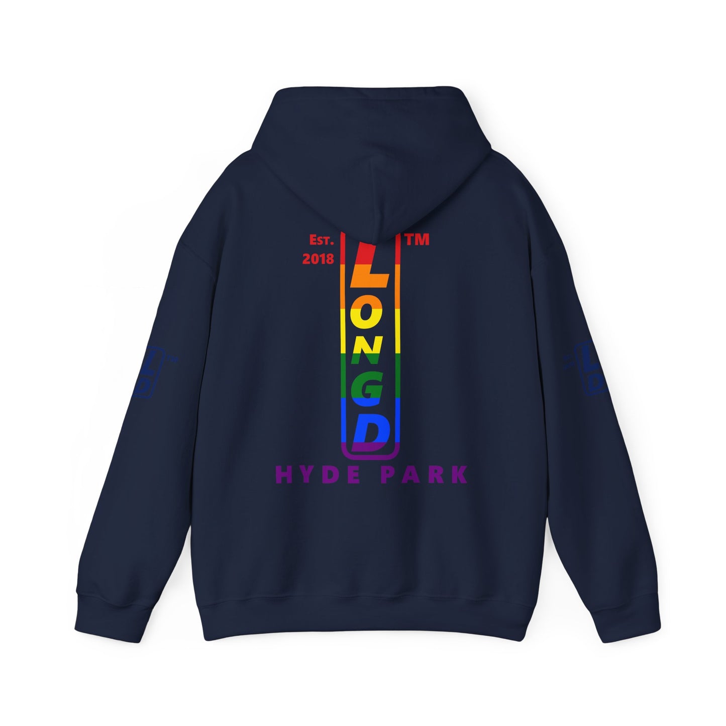 LongD® positive horizontal 6-striped Hyde Park 4-print upright logo hoodie (Pride colors)