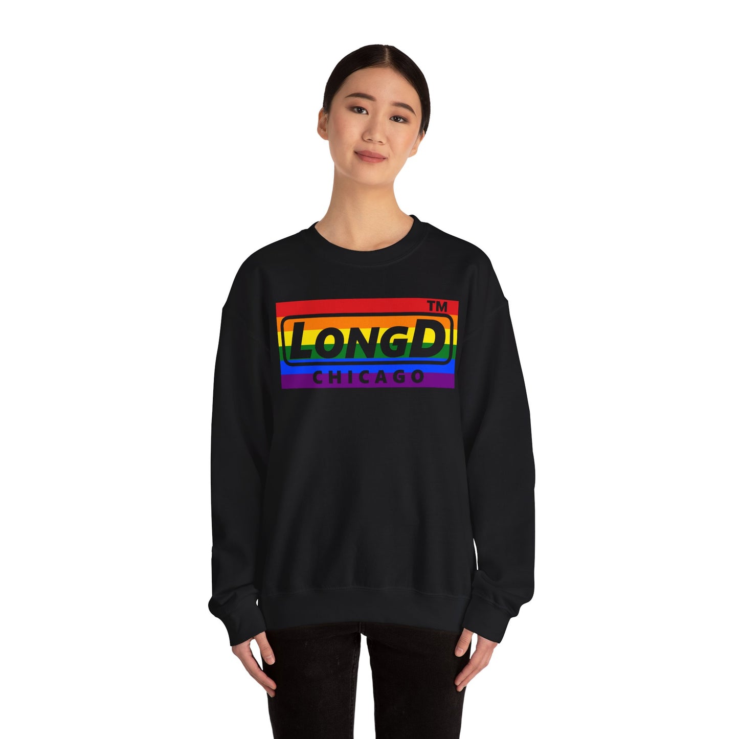 LongD negative horizontal striped Chicago logo crewneck sweatshirt (Pride colors)