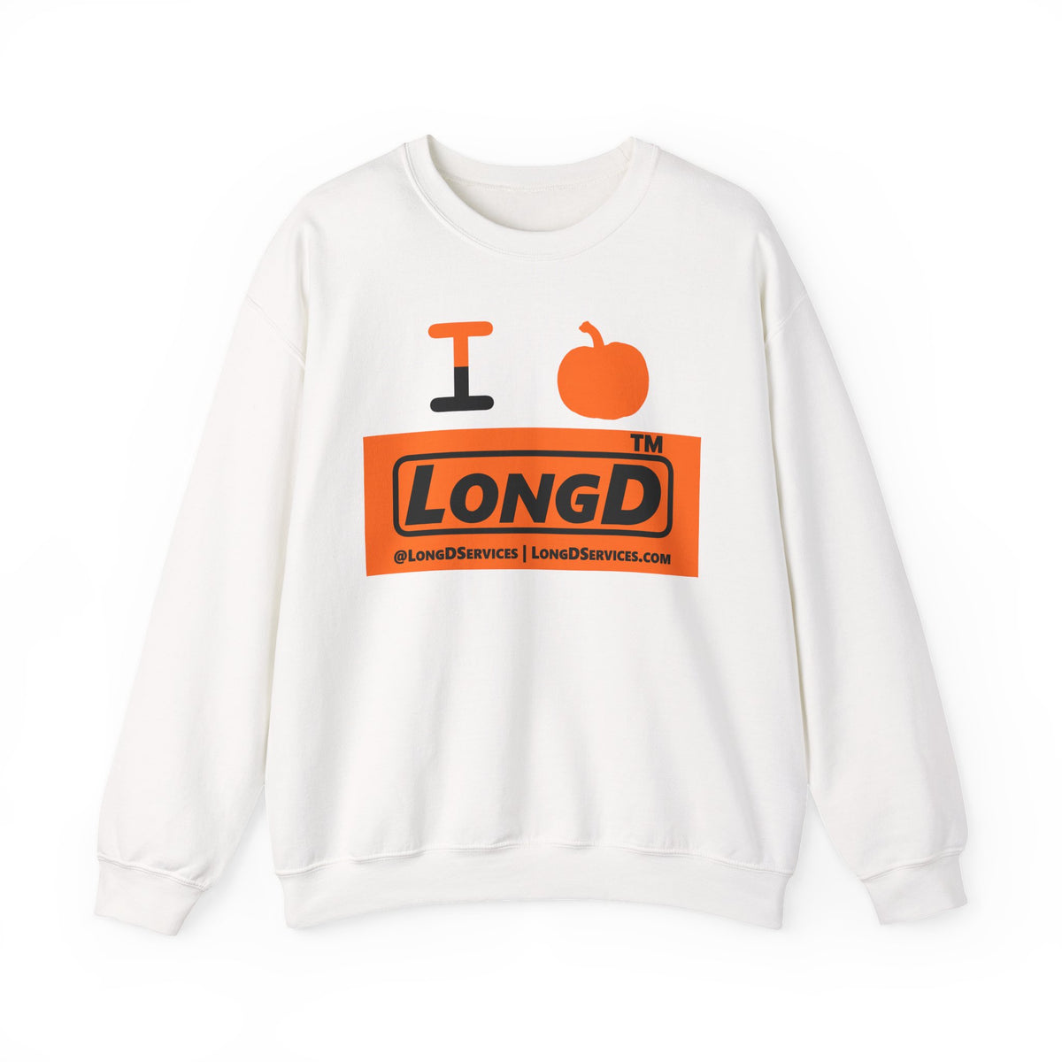 I pumpkin LongD Tag-domain logo positive black on negative orange crewneck sweatshirt