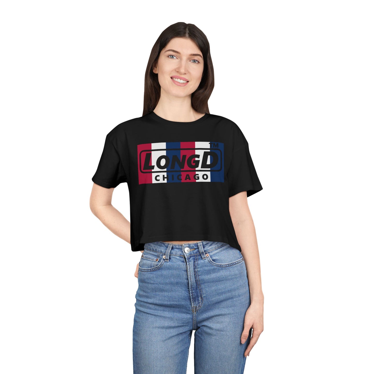 LongD negative vertical 6-striped Chicago Logo Crop Tee (Patriotic colors)