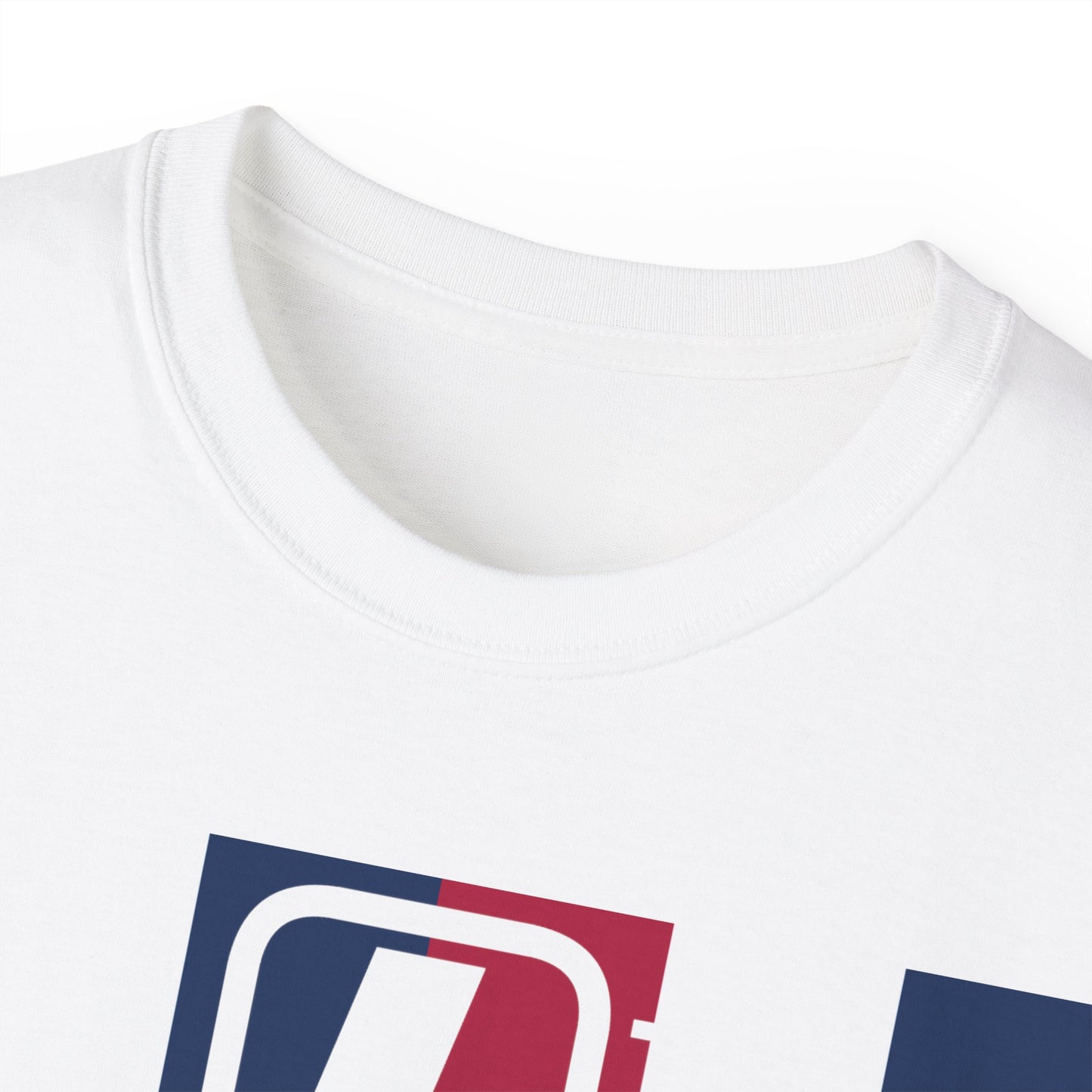 LongD cotton tee negative vertical 6-striped Hyde Park upright logo (Patriotic colors)