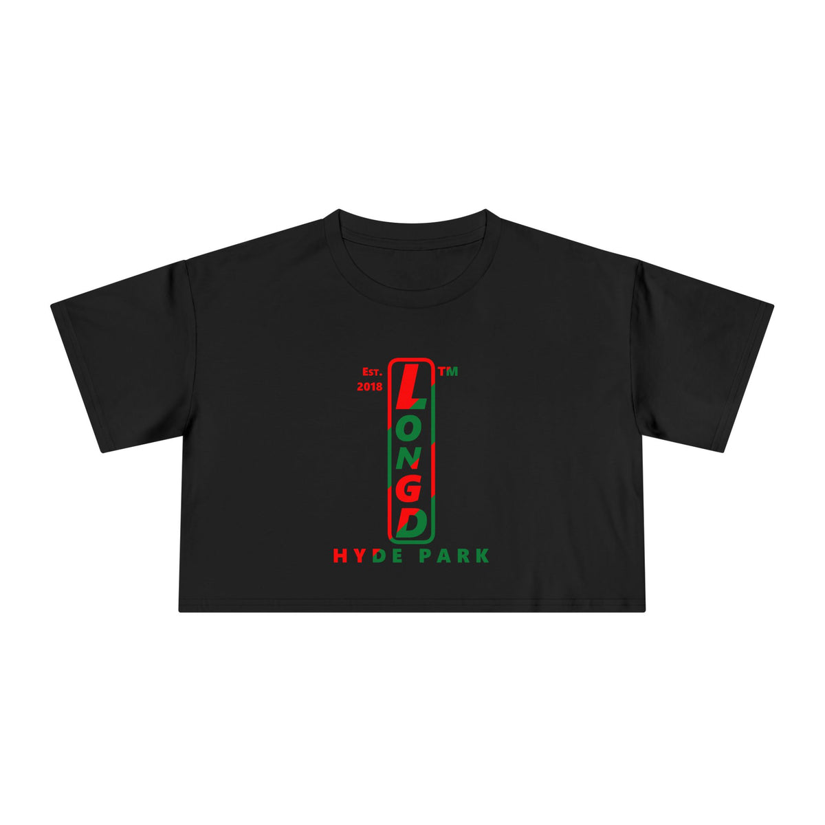 LongD Hyde Park positive upright pixel-weighted 4-striped logo (Xmas colors) crop tee