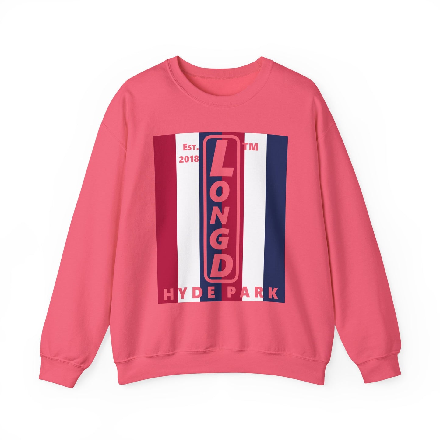 LongD negative vertical 6-striped Hyde Park upright logo crewneck sweatshirt (patriotic colors)