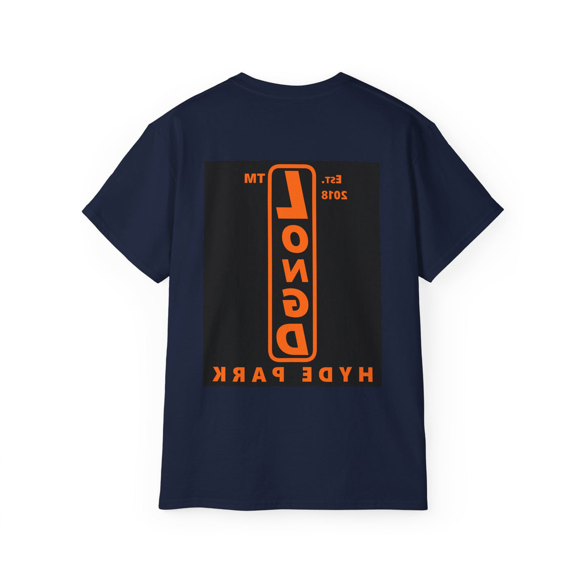 LongD Hyde Park upright front-back logo orange (FE7518) on Black (000000) cotton tee
