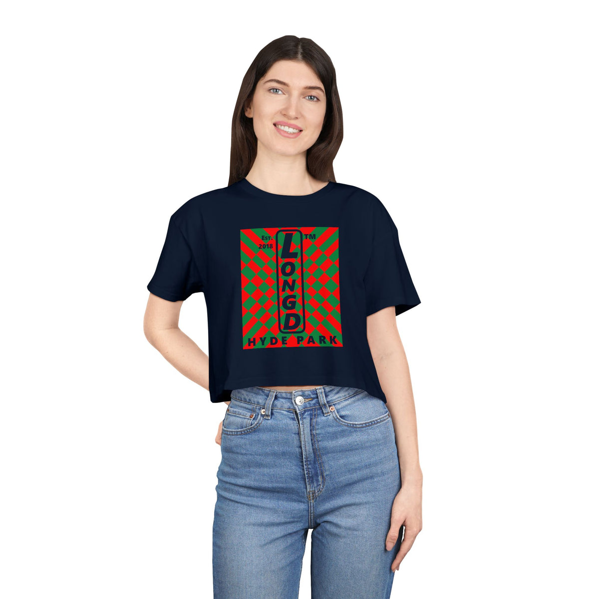 LongD Hyde Park negative upright stylized argyle logo (Xmas colors) crop tee