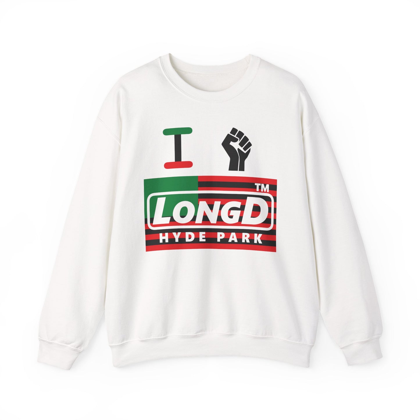 I fist LongD negative flag Hyde Park logo crewneck sweatshirt