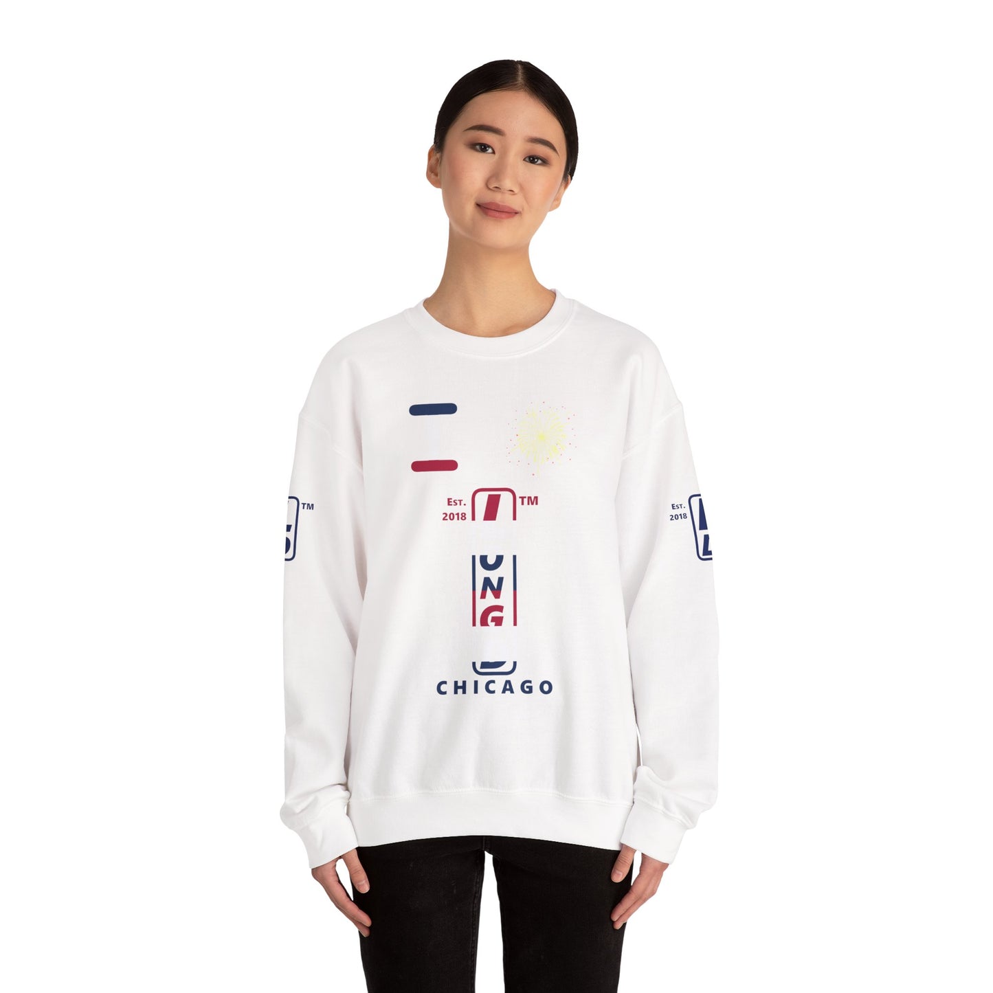 I Burst LongD positive horizontal 6-striped Chicago upright 4-print logo crewneck sweatshirt