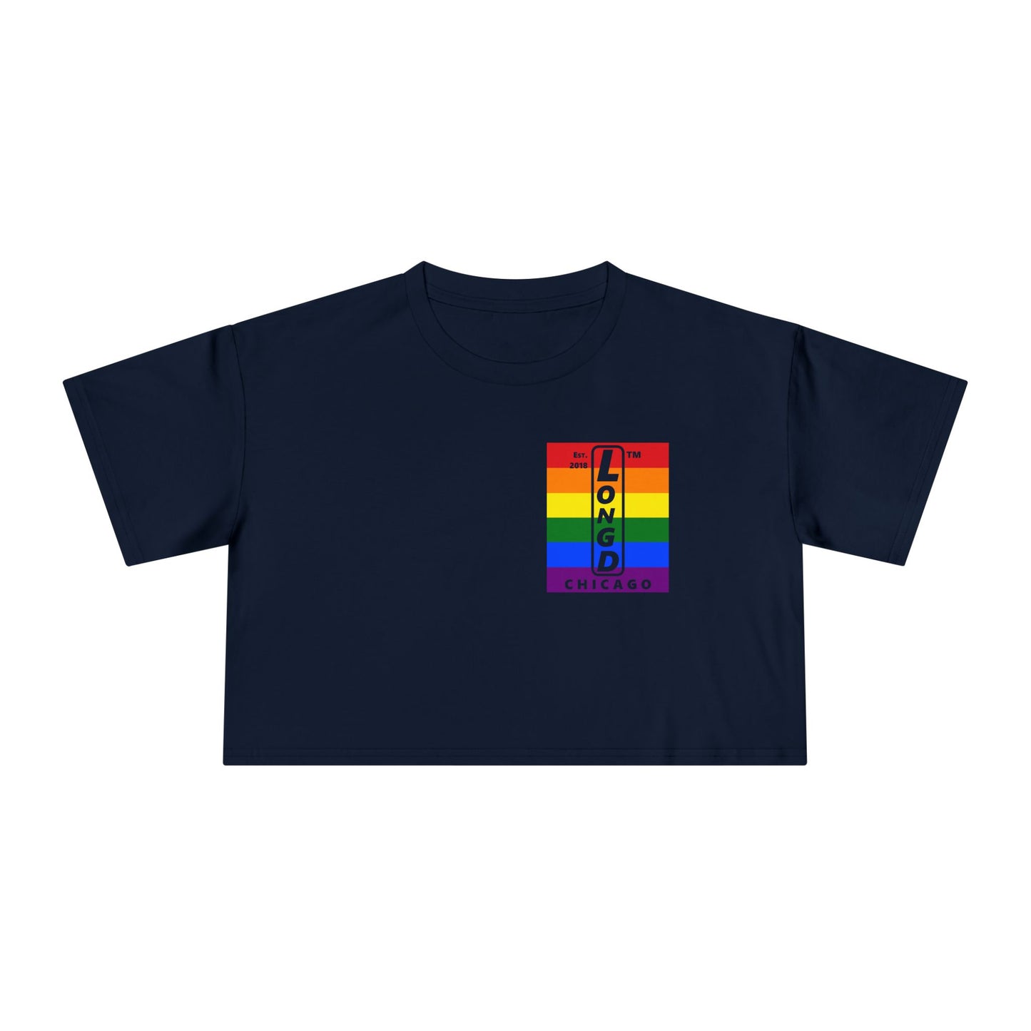 Negative horizontal 6-striped upright single-breasted Chicago logo crop tee (Pride colors)