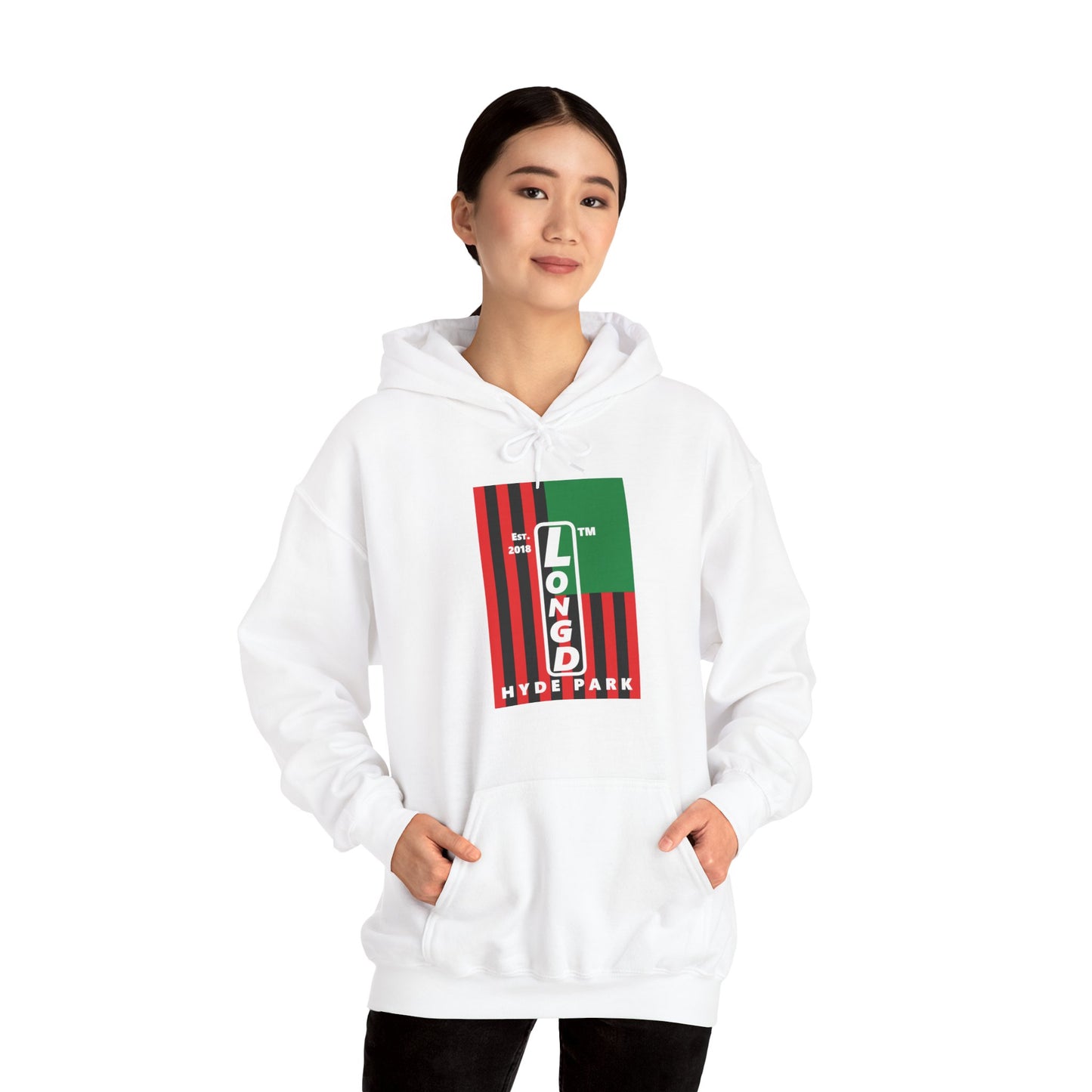 LongD® negative cropped flag upright Hyde Park logo hoodie (Juneteenth colors)