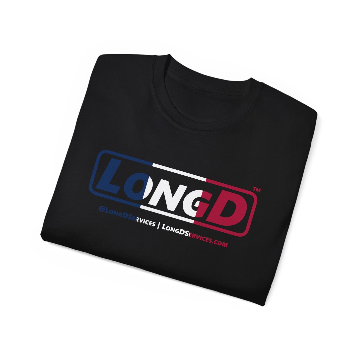 LongD® Logo Cotton Tee Blue, White and Red positive thirds text