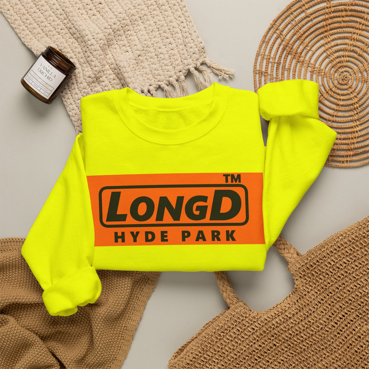 LongD Hyde Park logo Black (000000) on orange (FE7518) (Halloween colors) crewneck sweatshirt