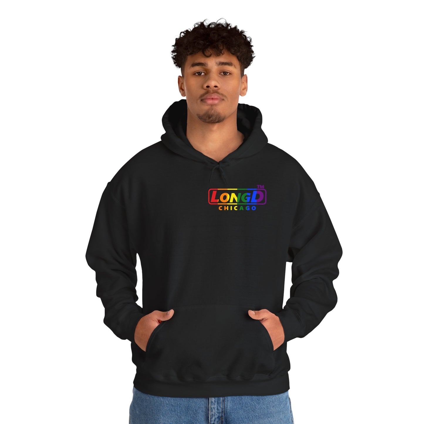 LongD® positive vertical striped single-breasted front-back Chicago logo hoodie (Pride colors)