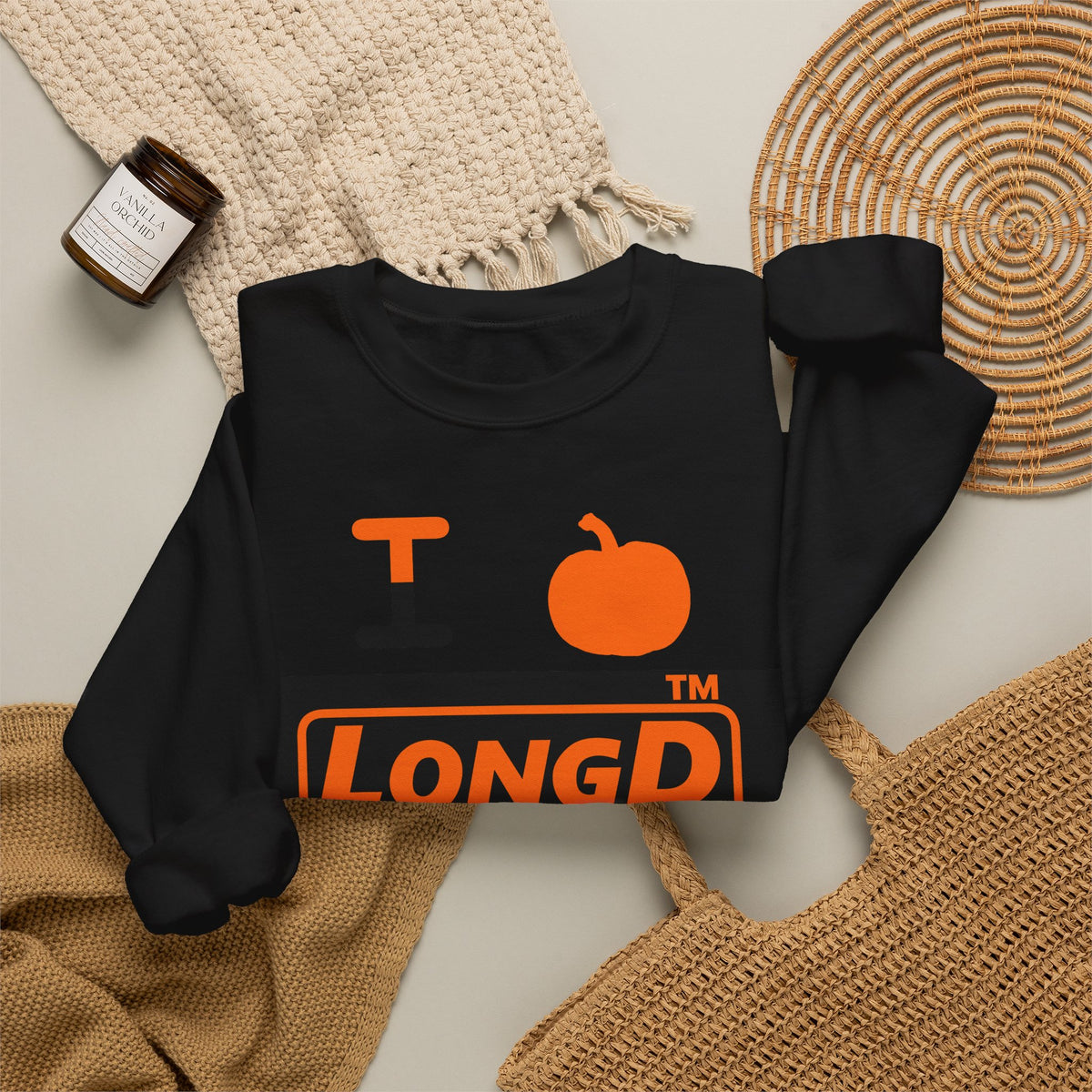 I pumpkin LongD Hyde Park logo positive orange on negative black crewneck sweatshirt