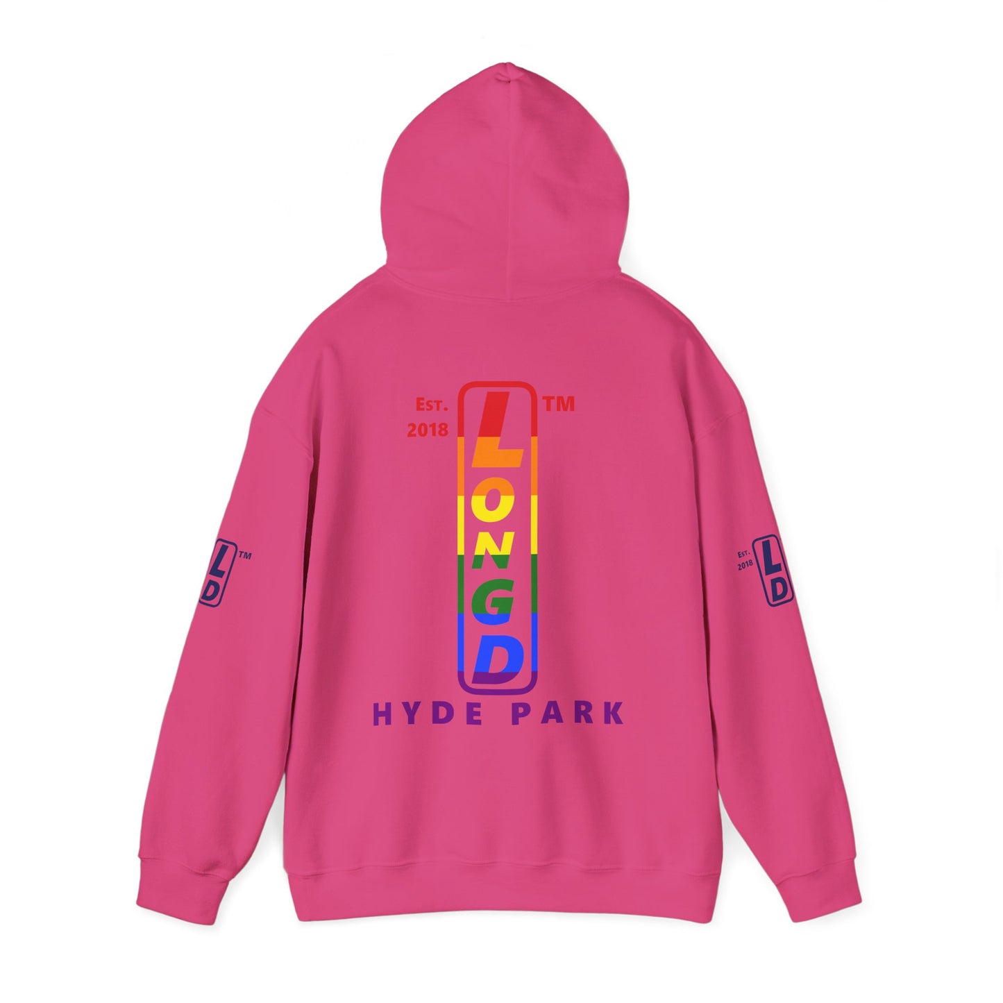 LongD® positive horizontal 6-striped Hyde Park 4-print upright logo hoodie (Pride colors)