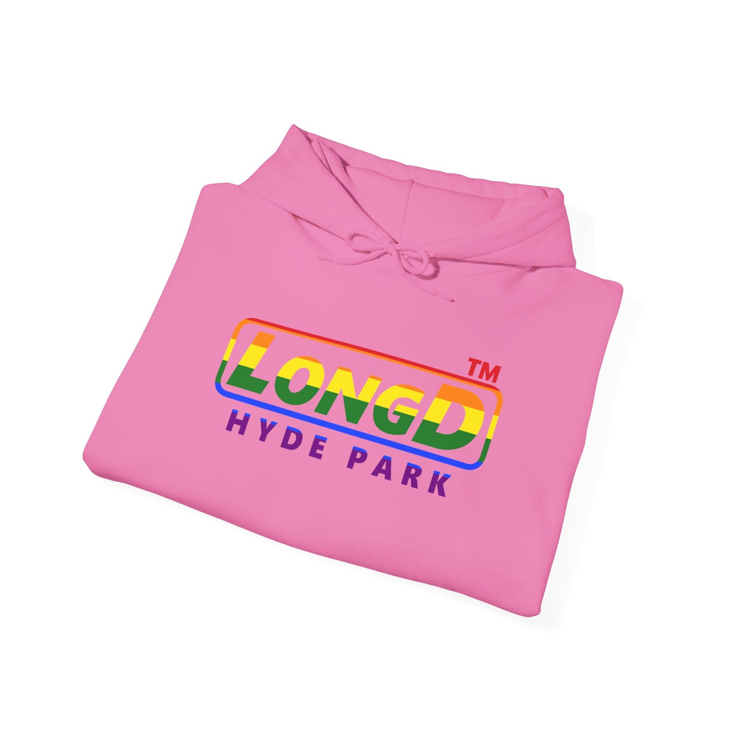 LongD® positive horizontal striped Hyde Park logo hoodie (Pride colors)