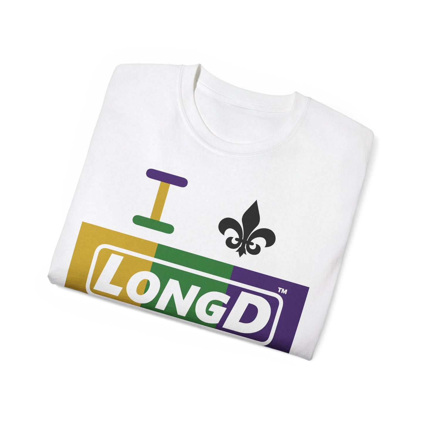 I Fleur LongD® Logo Cotton Tee (Mardi Gras colored text and negative logo & black fleur de lis)