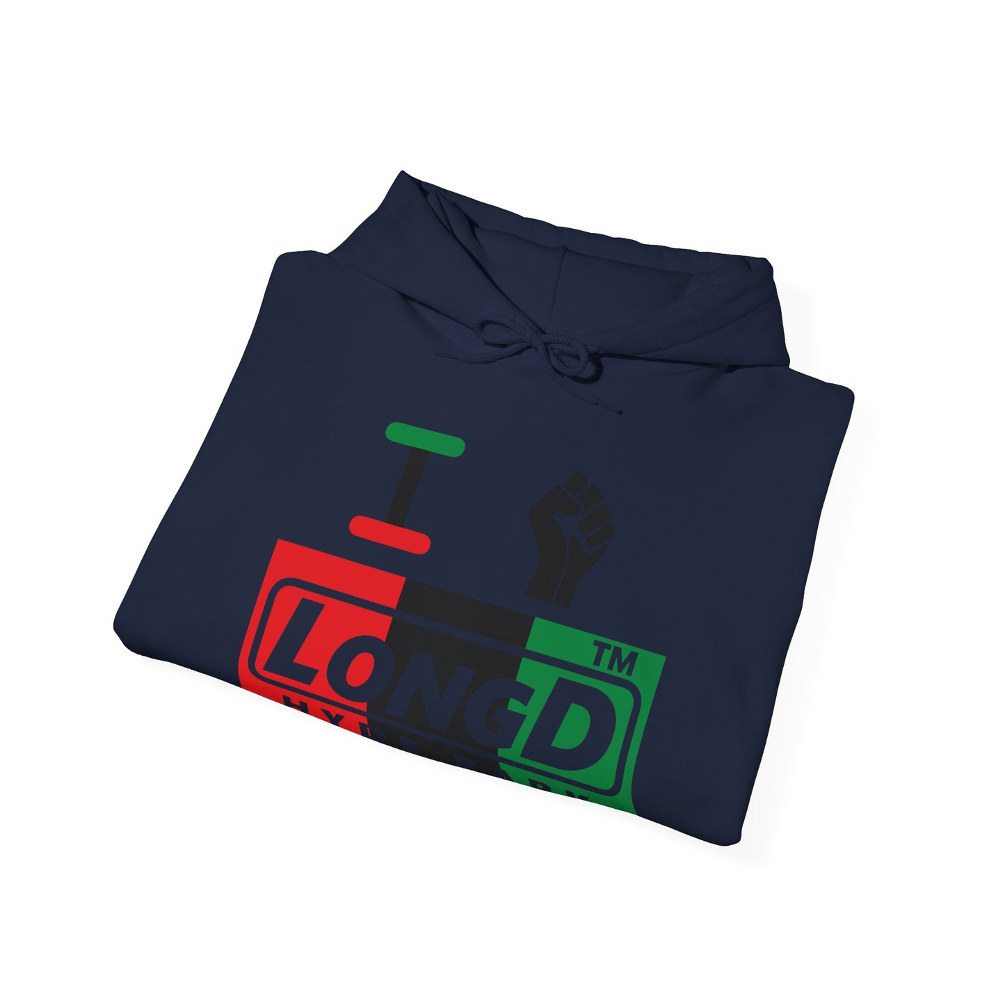 I fist LongD® negative vertical 3-striped Hyde Park logo Hoodie (Juneteenth colors)