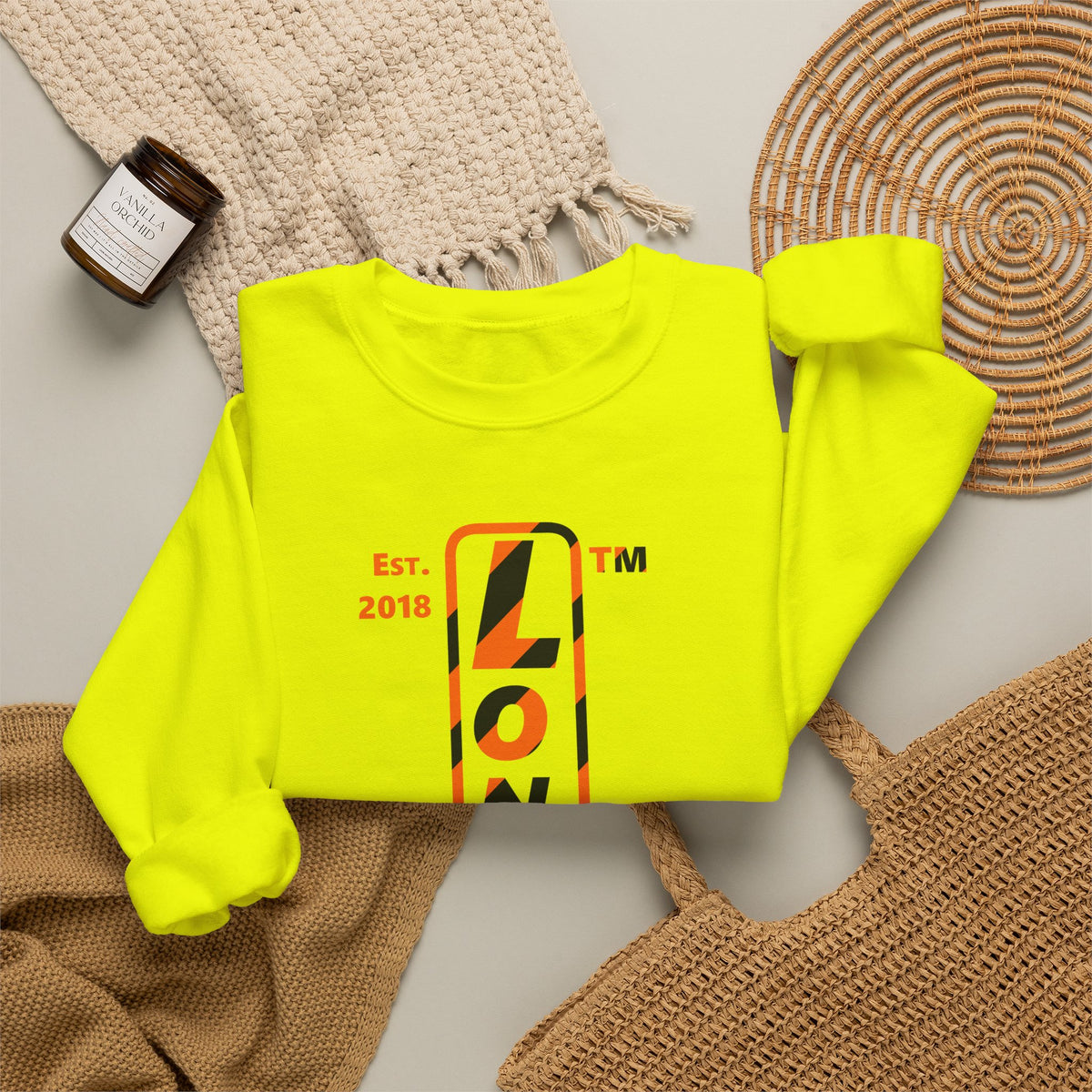 LongD Hyde Park positive upright pixel-weighted 12-striped 4-print logo (Halloween colors) crewneck sweatshirt