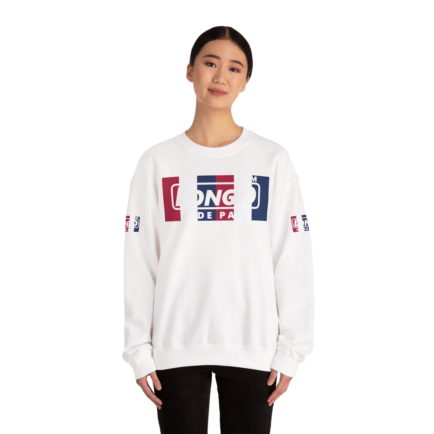 LongD negative vertical 6-striped 4-print double-breasted Hyde Park logo crewneck sweatshirt (patriotic colors)