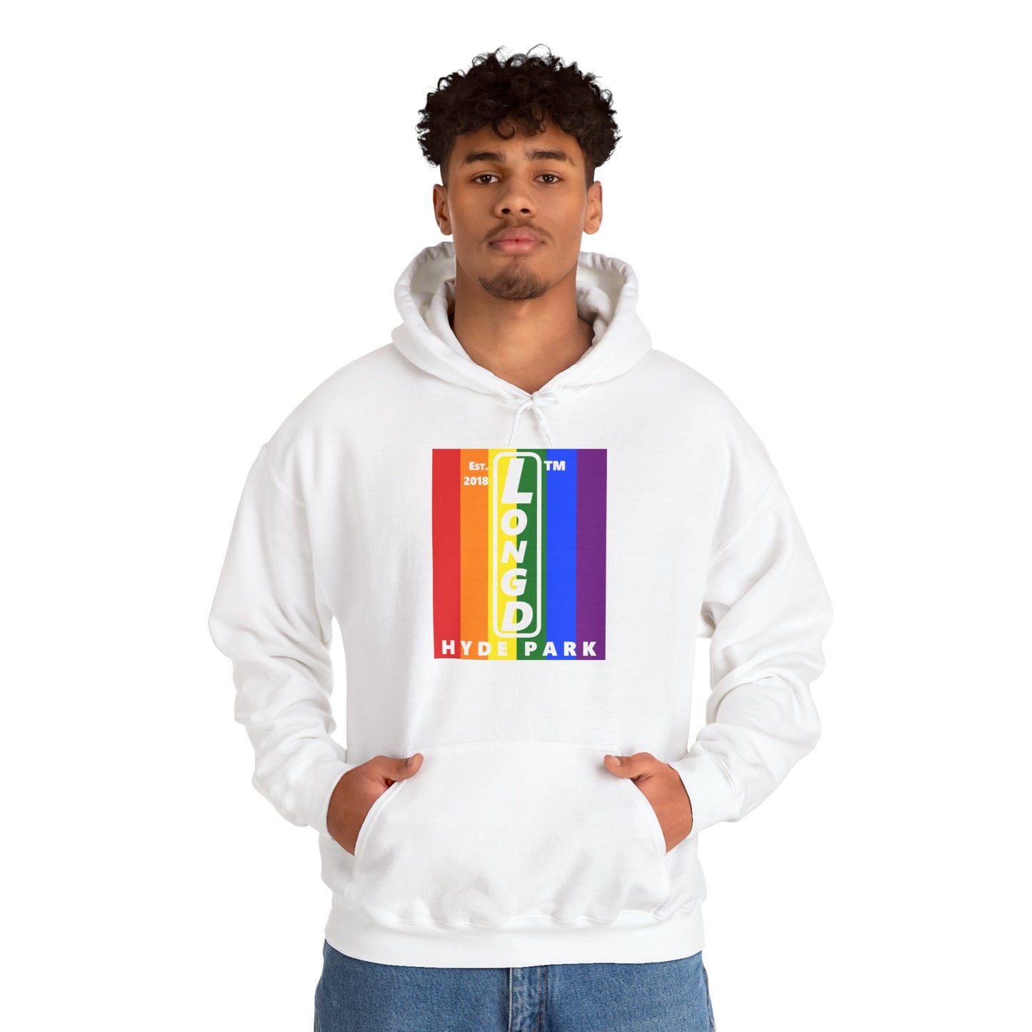LongD® negative vertical 6-striped upright Hyde Park logo hoodie (Pride colors)