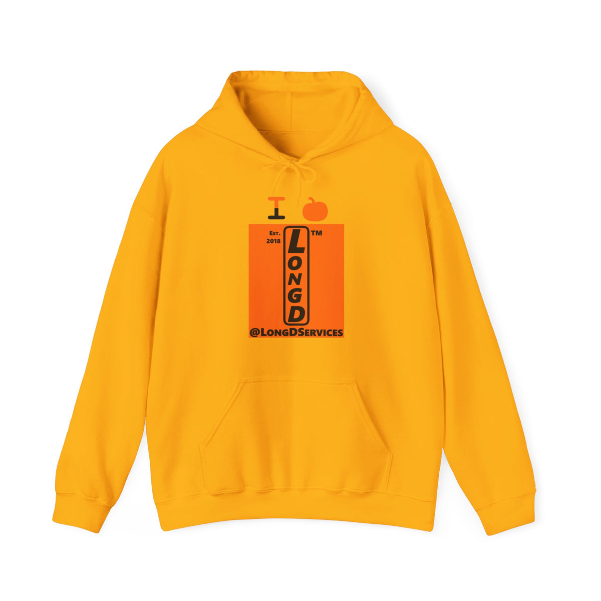 I pumpkin LongD Tag upright logo positive black on negative orange hoodie