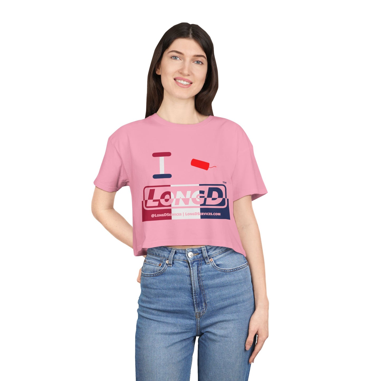 I Firecracker LongD Logo Women's Crop Tee Red, White & Blue positive-negative split thirds