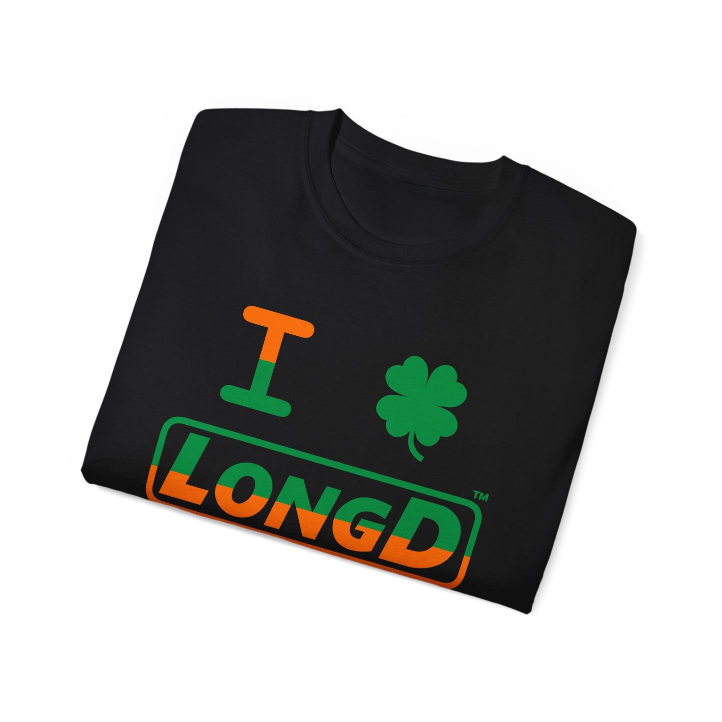 I Clover LongD® Logo Cotton Tee (St. Patrick's Day -Irish Green and Irish Orange top-bottom split with 4-leaf clover)