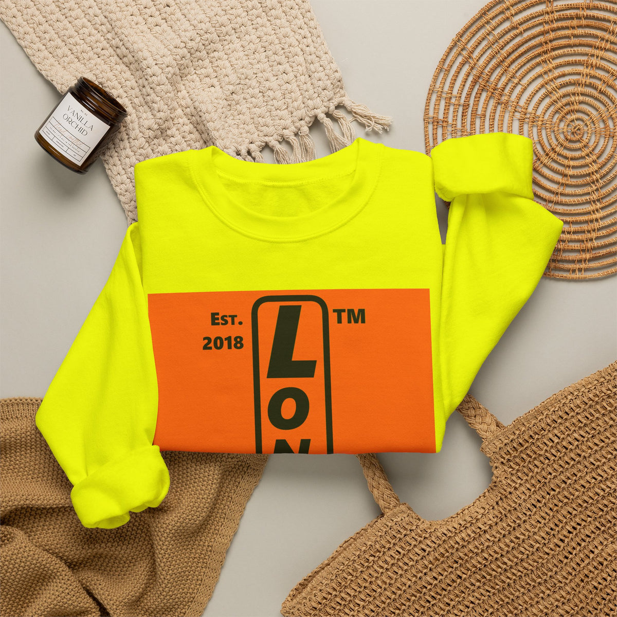 LongD Hyde Park upright logo Black (000000) on orange (FE7518) (Halloween colors) crewneck sweatshirt