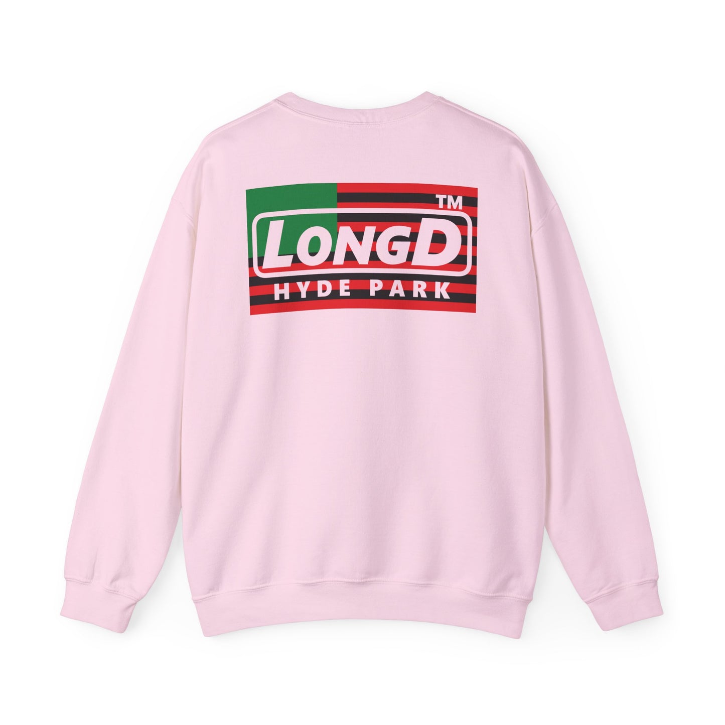 I fist LongD negative flag front-back Hyde Park logo crewneck sweatshirt
