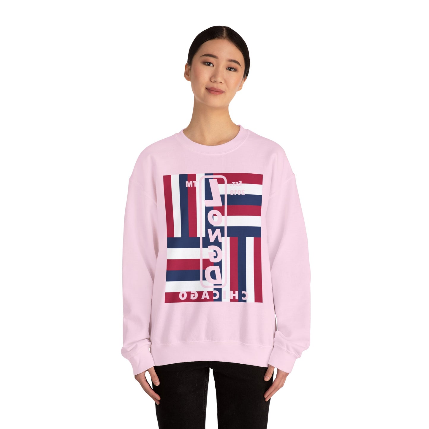 LongD negative rotated windmill Chicago front-back upright logo crewneck sweatshirt (patriotic colors)