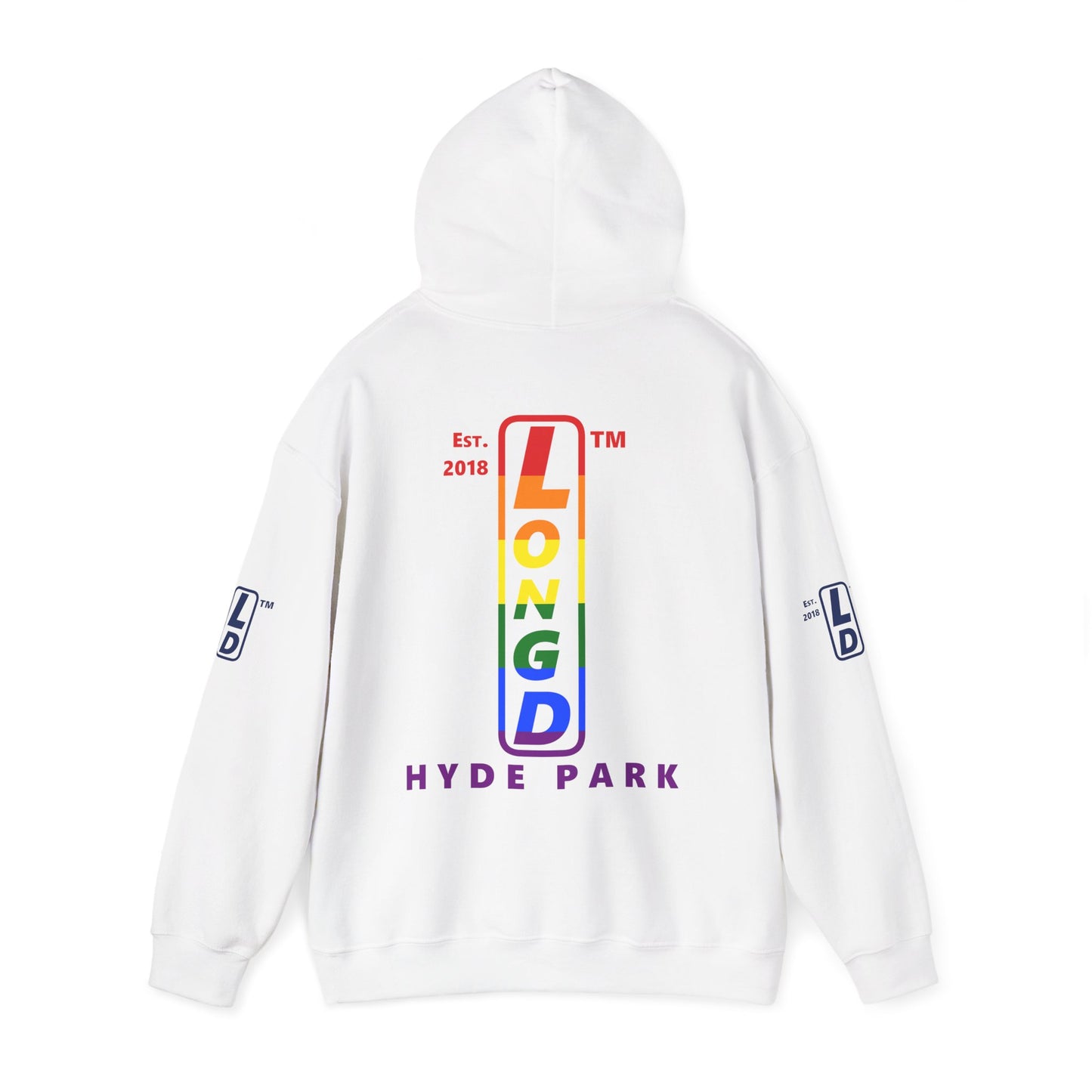 LongD® positive horizontal 6-striped Hyde Park 4-print upright logo hoodie (Pride colors)