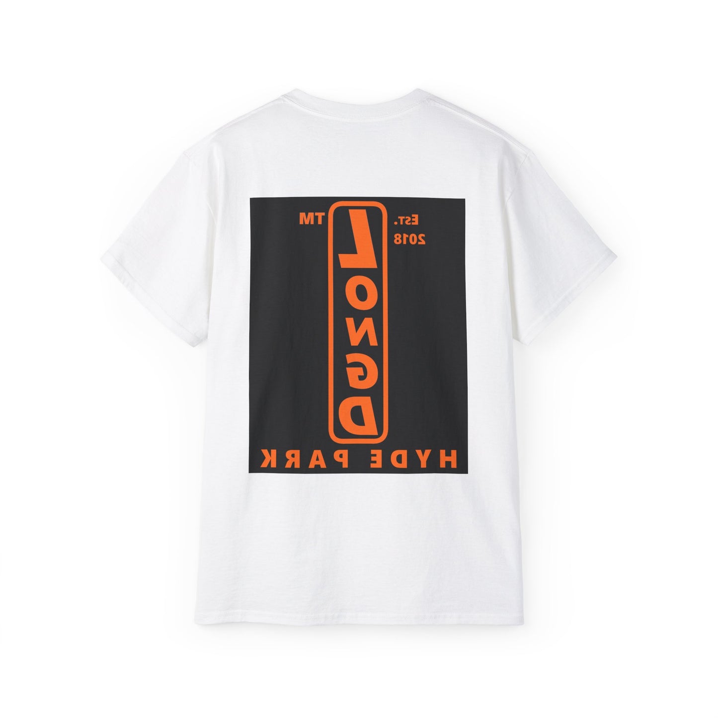 LongD Hyde Park upright front-back logo orange (FE7518) on Black (000000) cotton tee