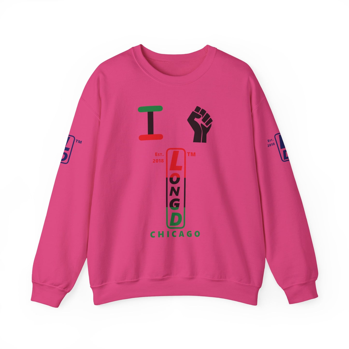 I Fist LongD positive horizontal 6-striped Chicago upright 4-print logo crewneck sweatshirt