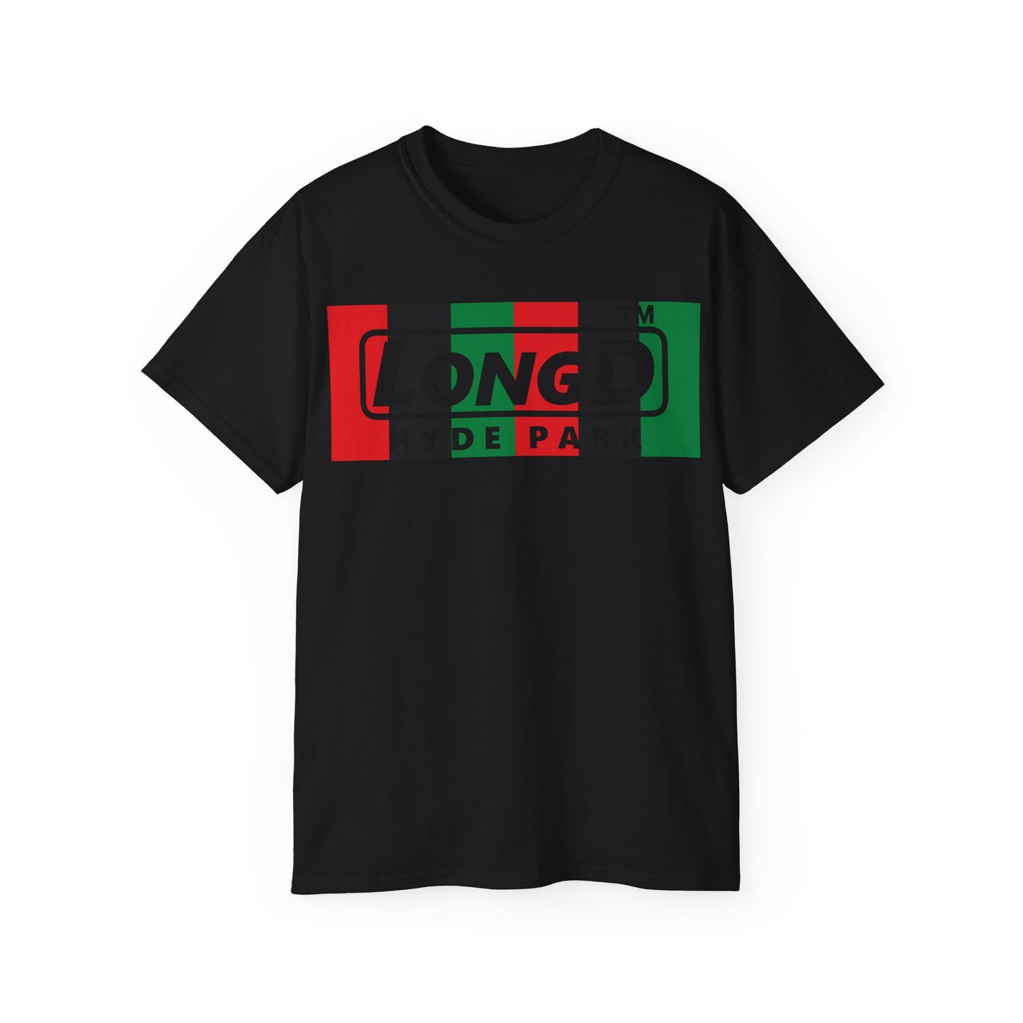LongD negative vertical 6-striped Hyde Park logo front-back cotton tee (Juneteenth colors)