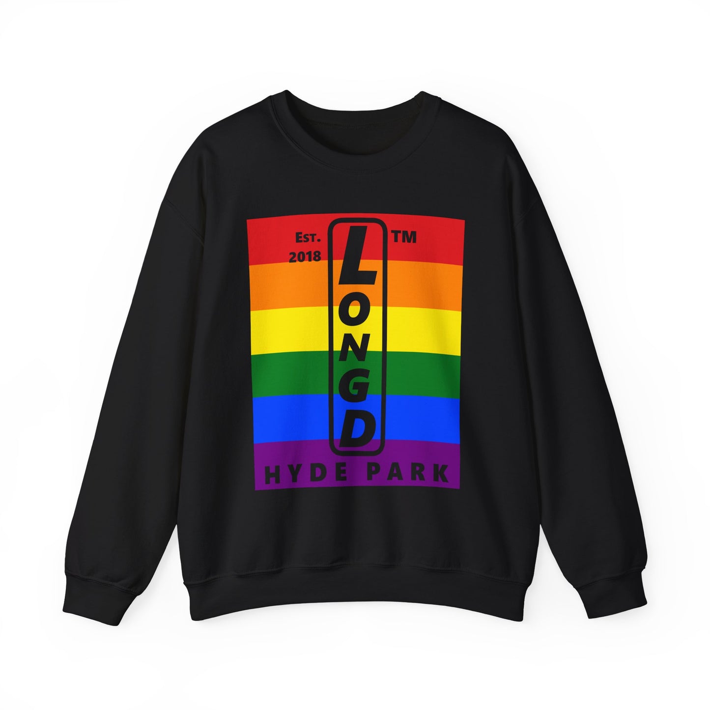 LongD negative horizontal 6-striped Hyde Park upright logo crewneck sweatshirt (Pride colors)