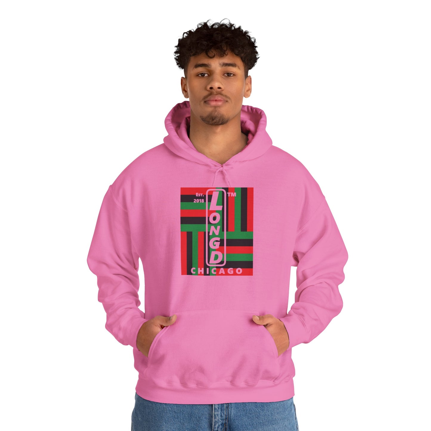 LongD® negative windmill upright Chicago logo hoodie (Juneteenth colors)
