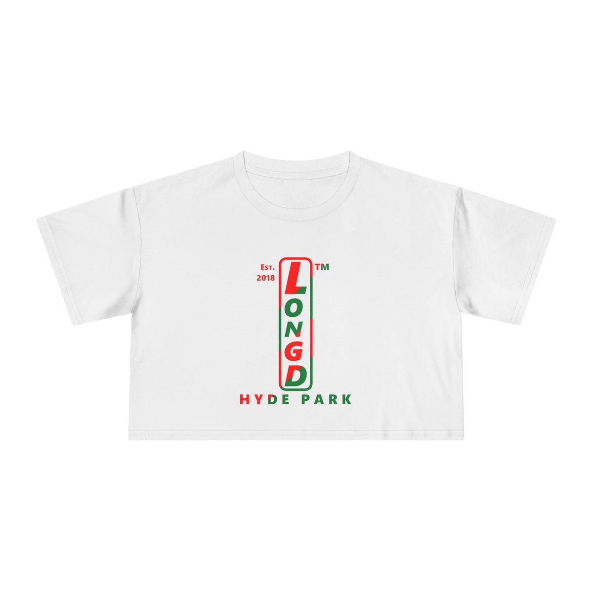 LongD Hyde Park positive upright pixel-weighted 4-striped logo (Xmas colors) crop tee