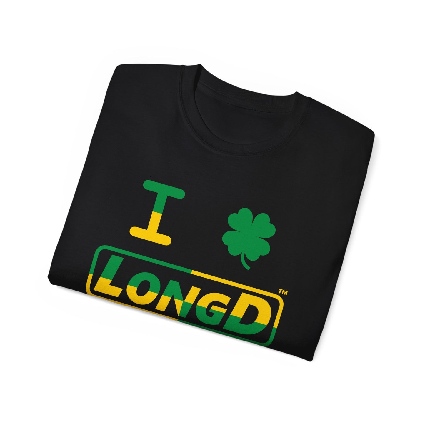 I Clover LongD® Logo Cotton Tee (St. Patrick's Day -Irish Green and Golden Yellow quarter split with 4-leaf clover)