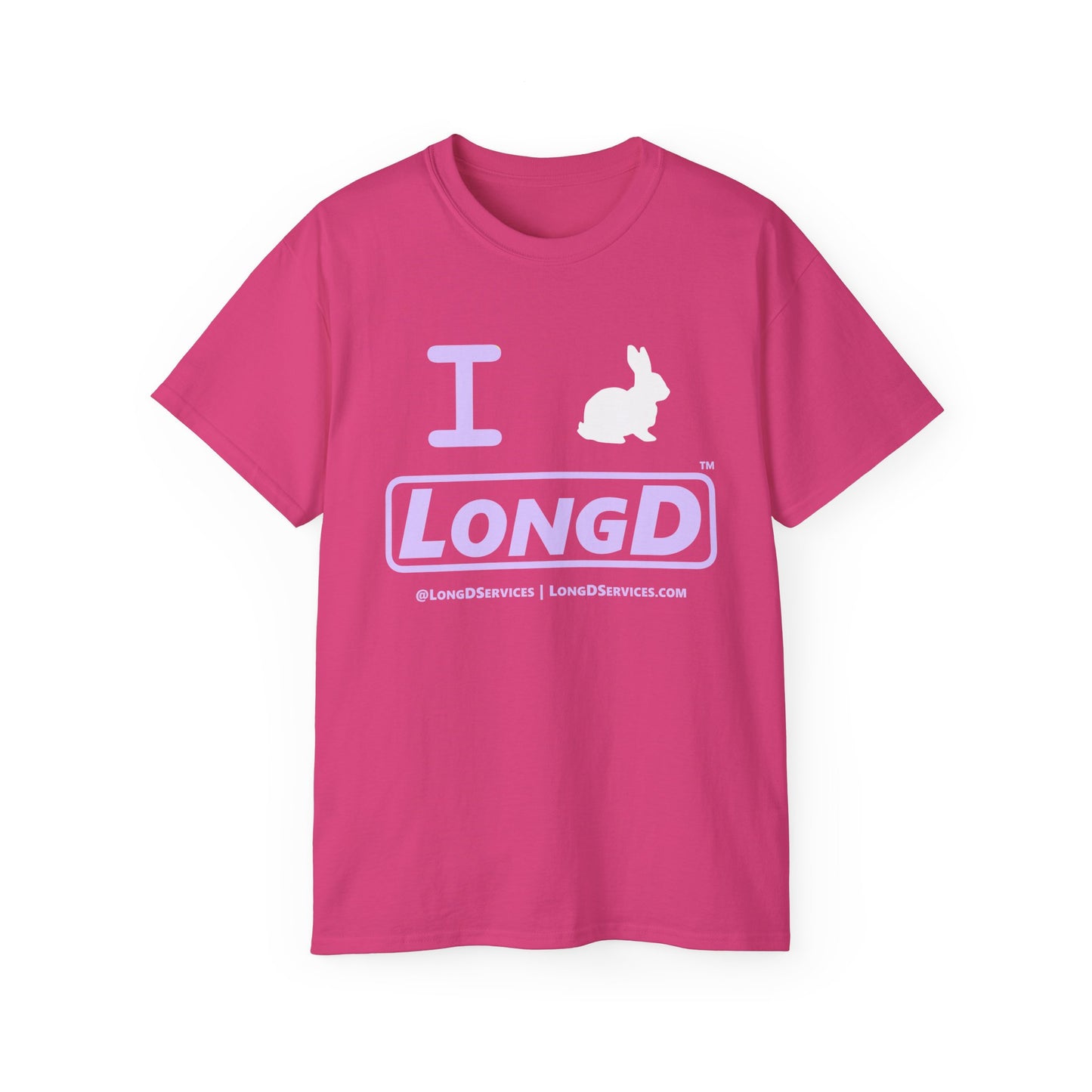 I Bunny LongD® Logo Cotton Tee Easter pastel purple text (white Easter Bunny)