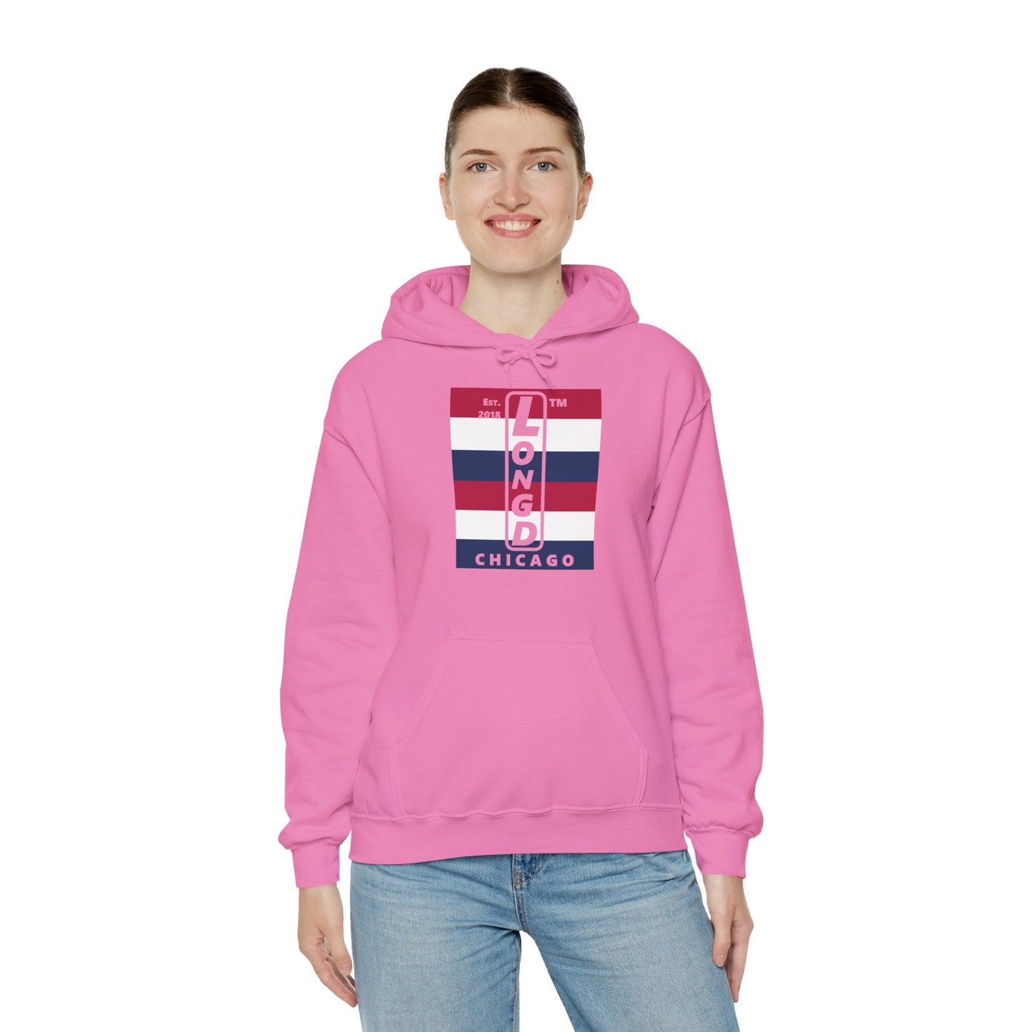 LongD® negative horizontal 6-striped upright Chicago logo hoodie