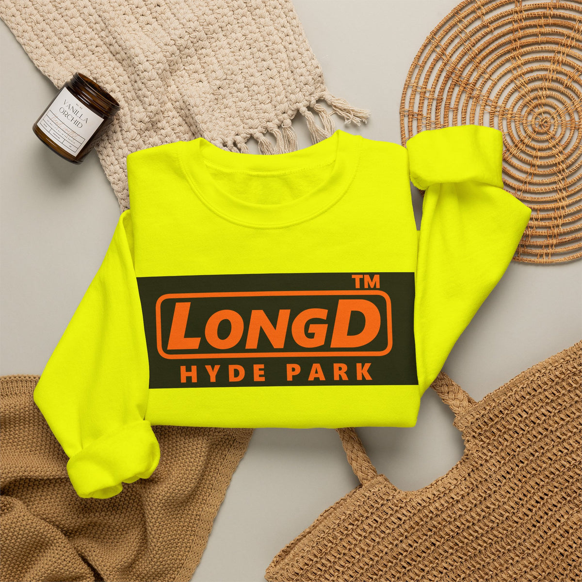 LongD Hyde Park logo orange (FE7518) on Black (000000) (Halloween colors) crewneck sweatshirt