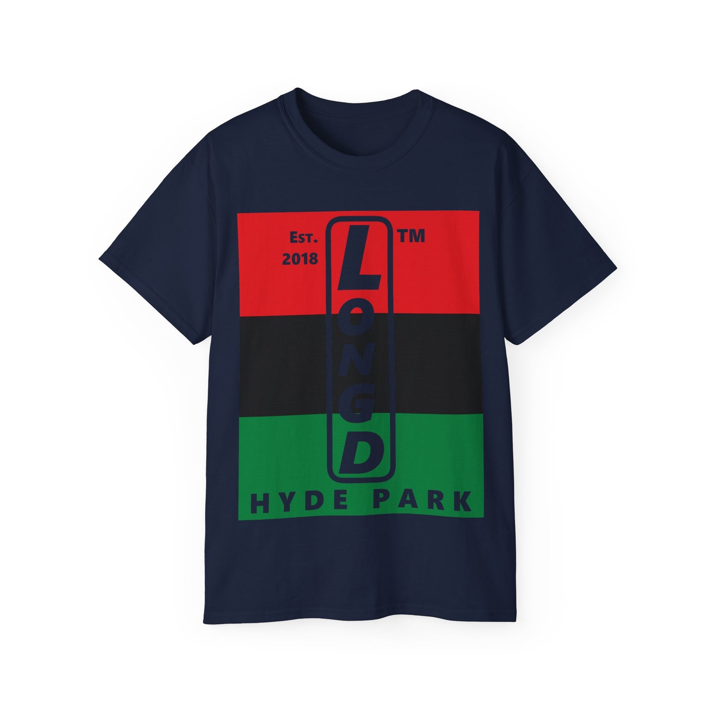 LongD Cotton Tee negative horizontal striped Hyde Park upright logo (Juneteenth colors)