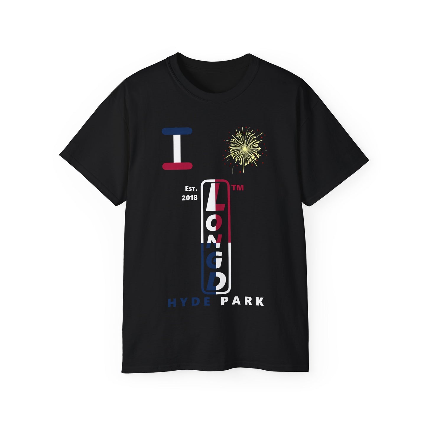 I Burst LongD cotton tee positive quarters Hyde Park upright logo (Patriotic colors)