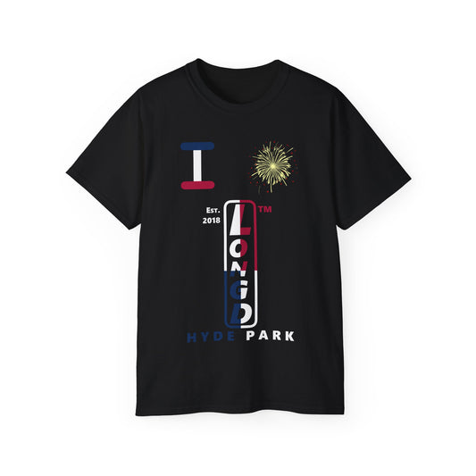 I Burst LongD cotton tee positive quarters Hyde Park upright logo (Patriotic colors)