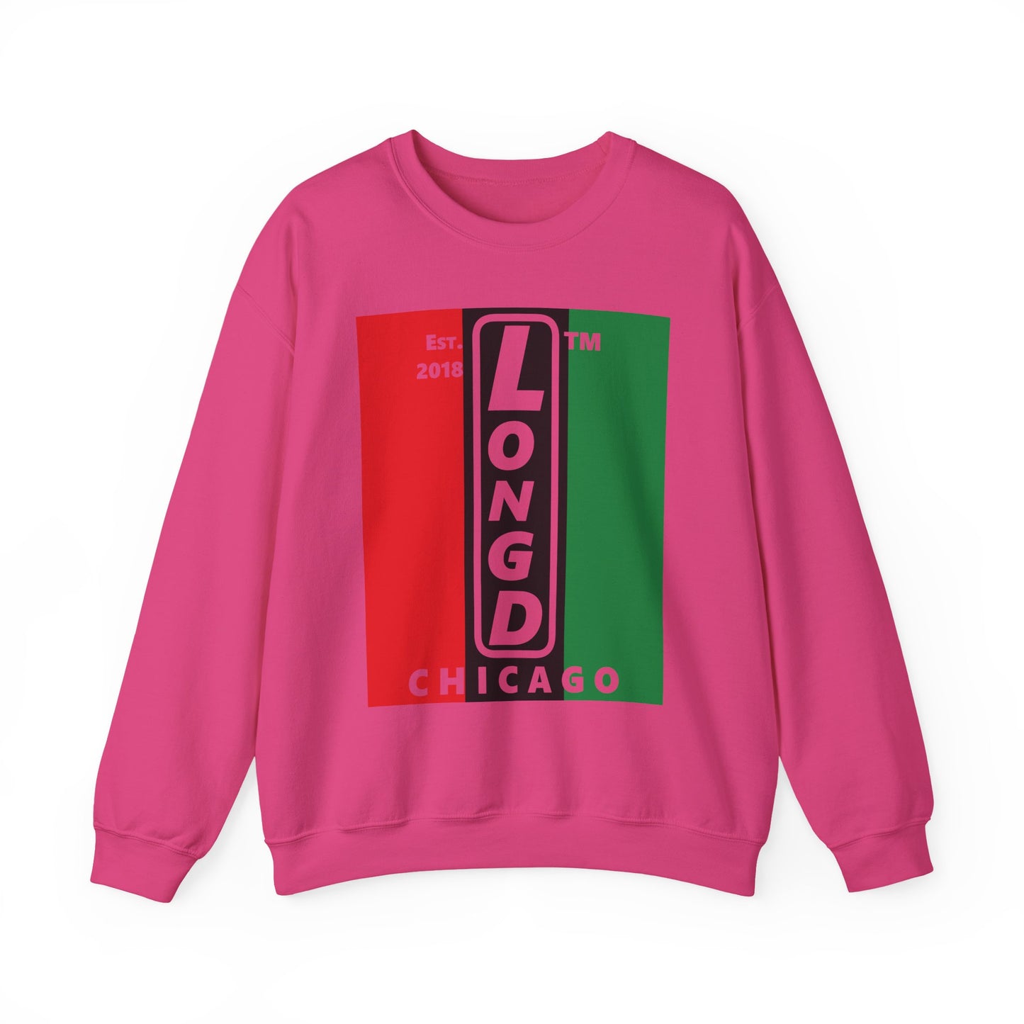 LongD negative vertical 3-striped Chicago upright logo crewneck sweatshirt (Juneteenth colors)