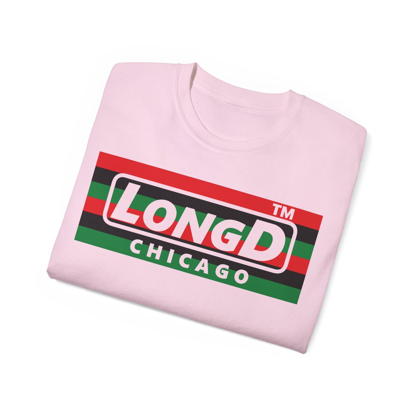 LongD negative horizontal 6-striped Chicago logo cotton tee (Juneteenth colors)
