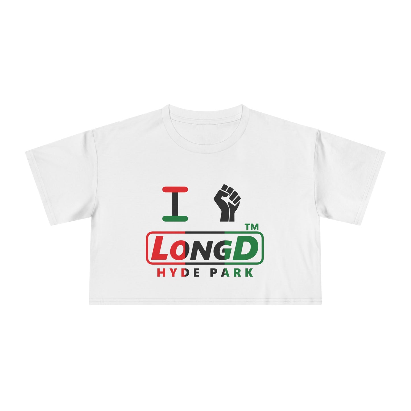 I fist LongD positive vertical 3-striped Hyde Park logo crop tee