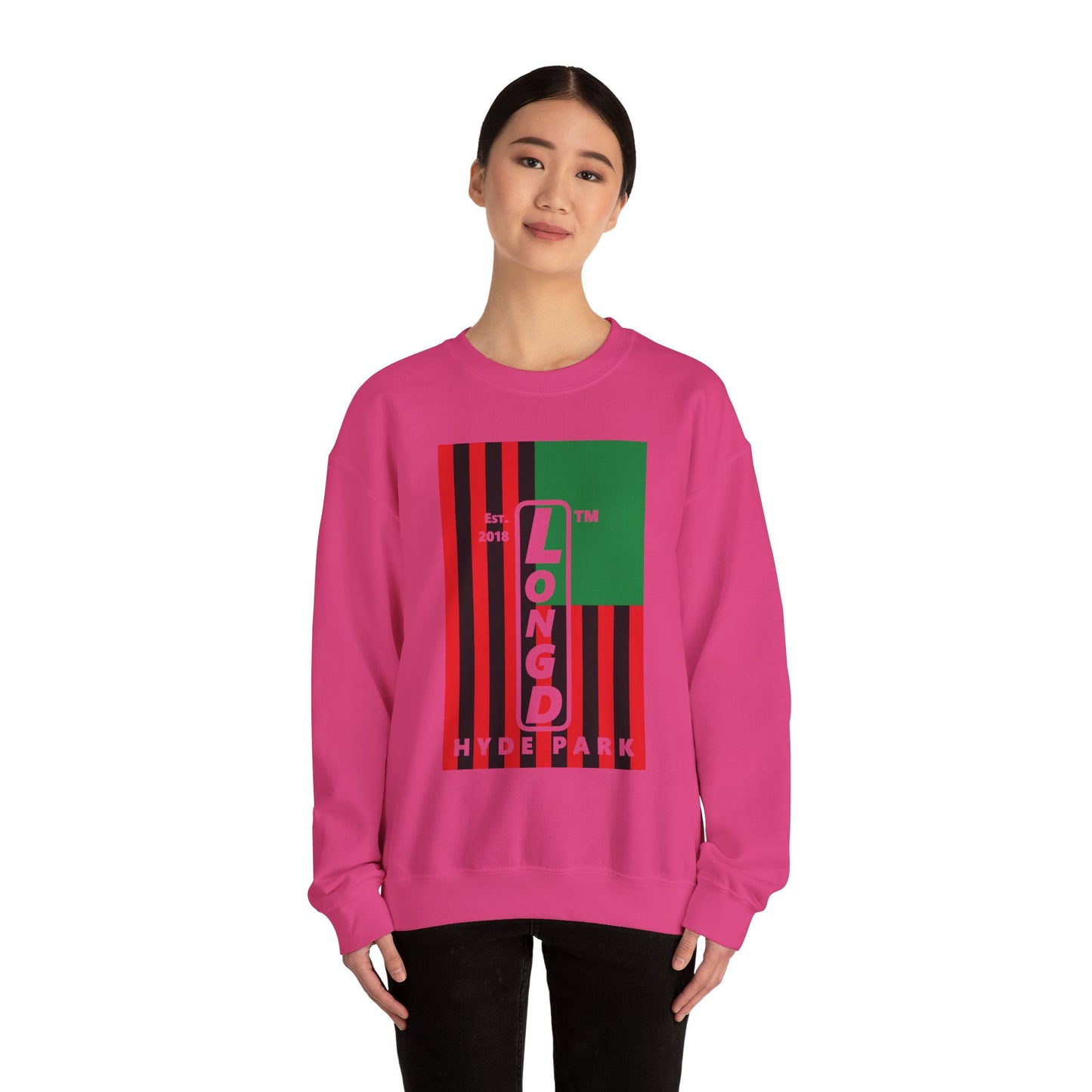 LongD negative cropped flag Hyde Park upright logo crewneck sweatshirt (Juneteenth colors)