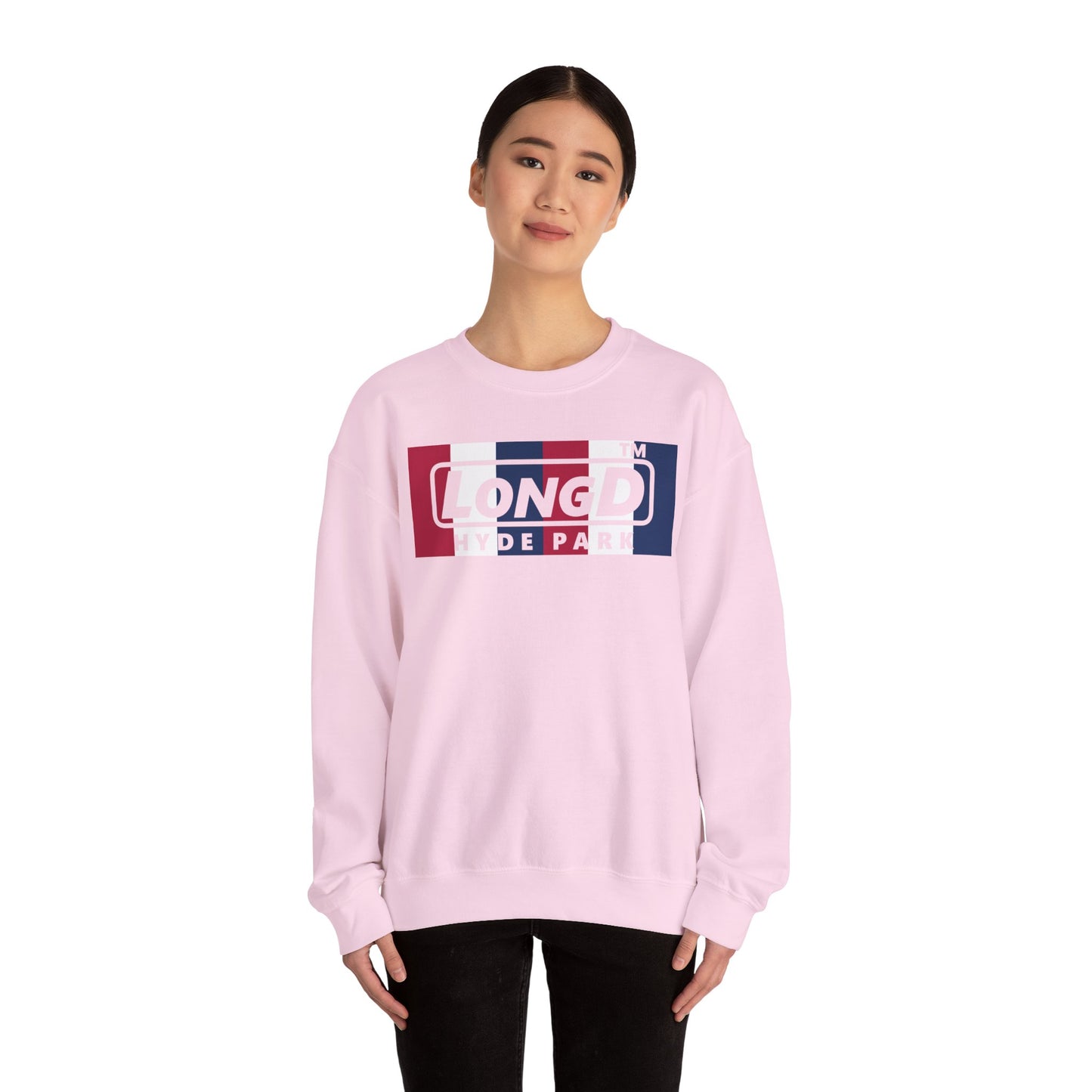 LongD negative vertical 6-striped Hyde Park logo crewneck sweatshirt (patriotic colors)
