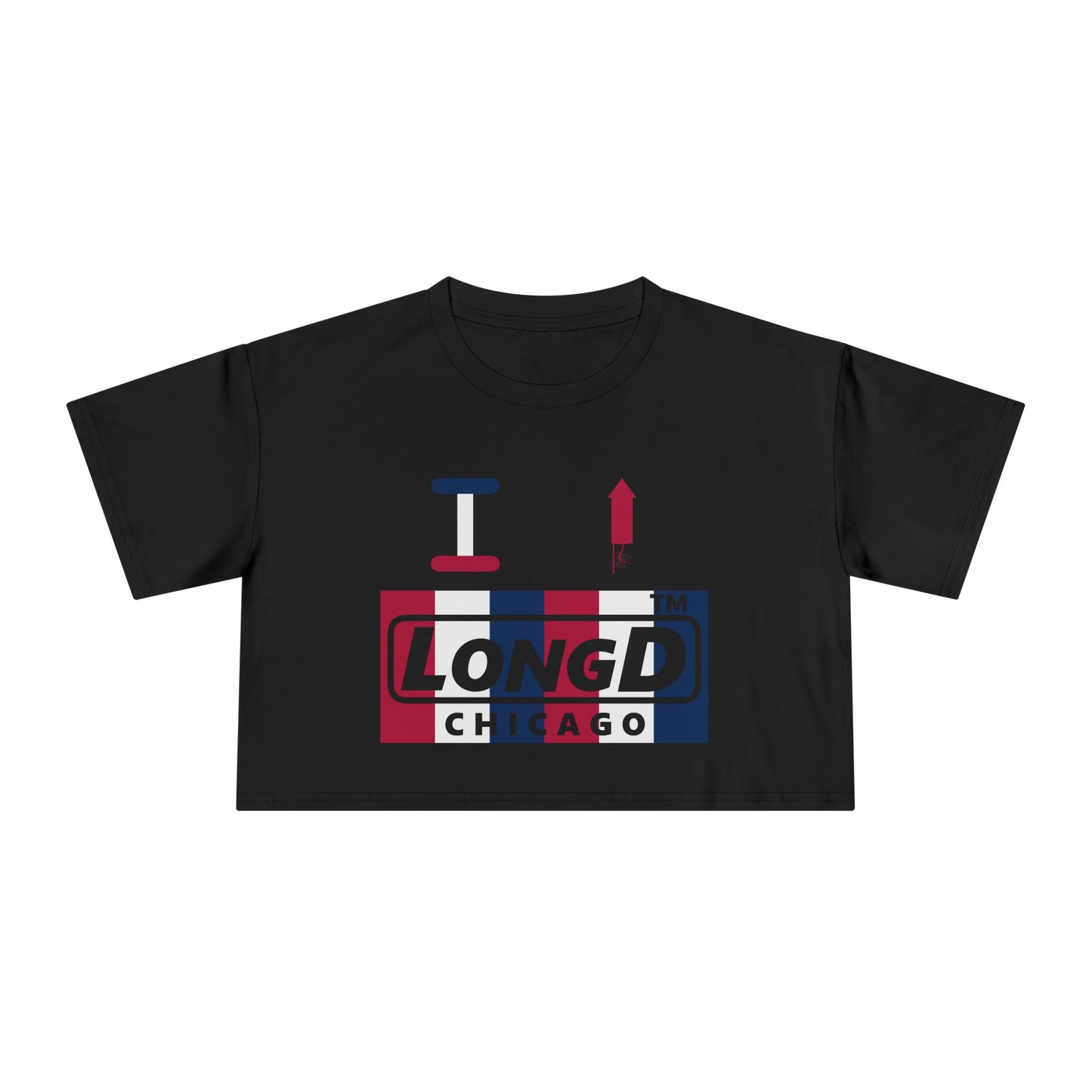 I firecracker LongD negative vertical 6-striped Chicago Logo Crop Tee (Patriotic colors)